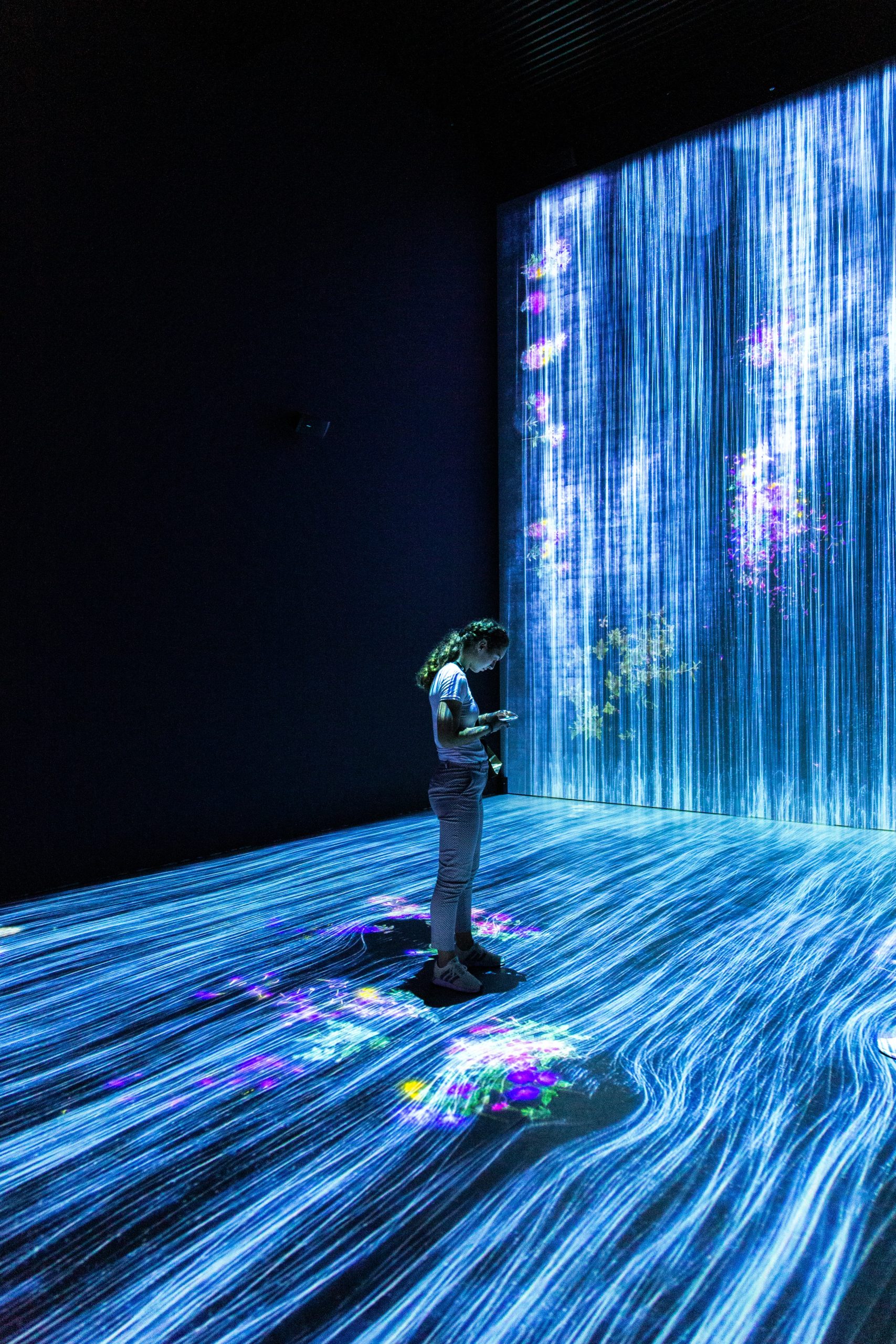 A woman standing in front of an Artificial Intelligence simulator